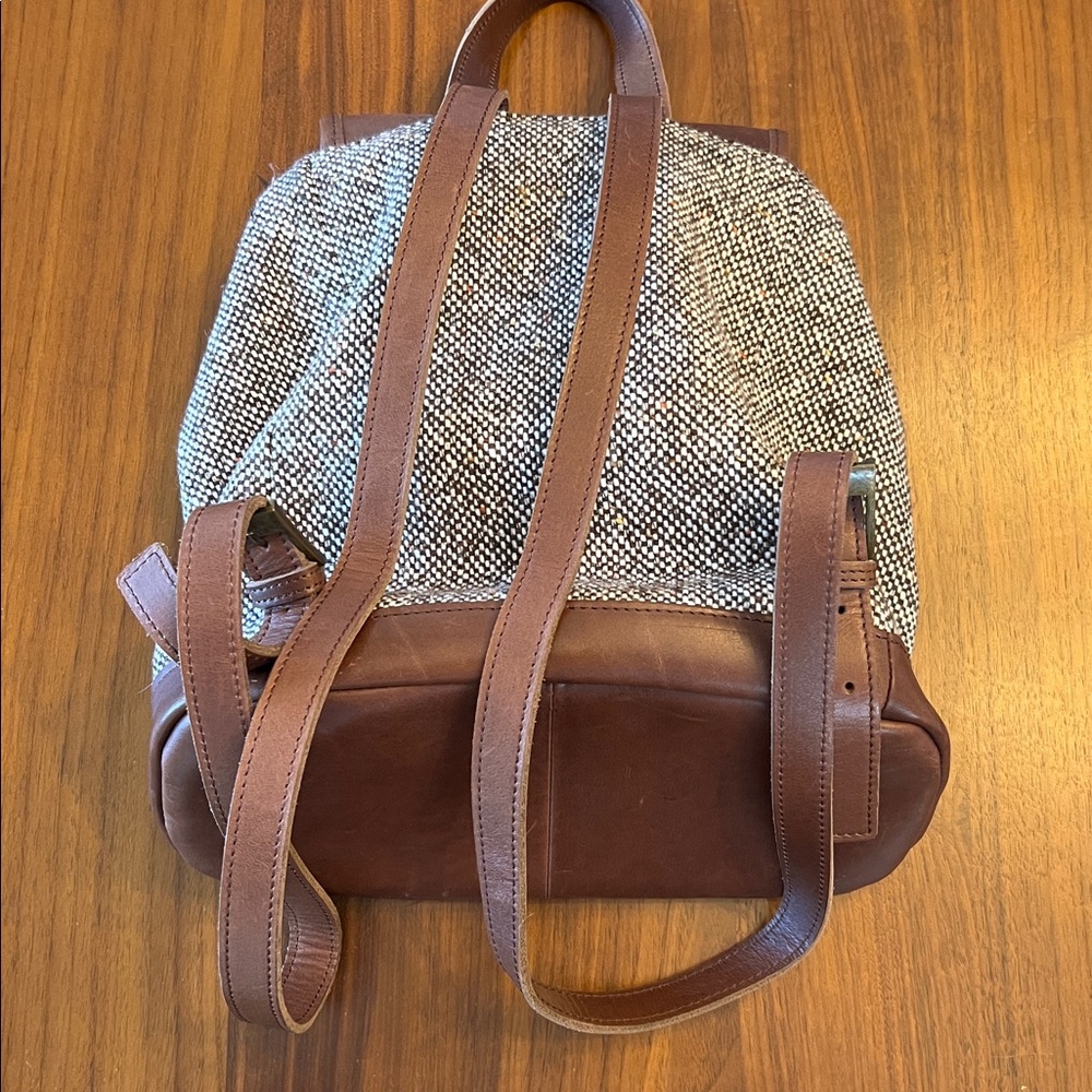LL Bean Brown Leather & Tweed Backpack Purse - Picture 3 of 10